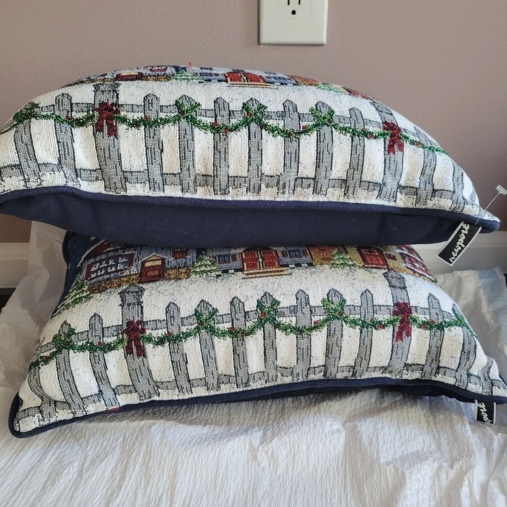 Two Christmas-Themed Tapestry Pillows Snowy Landscape Rectangle Blue Houses VTG